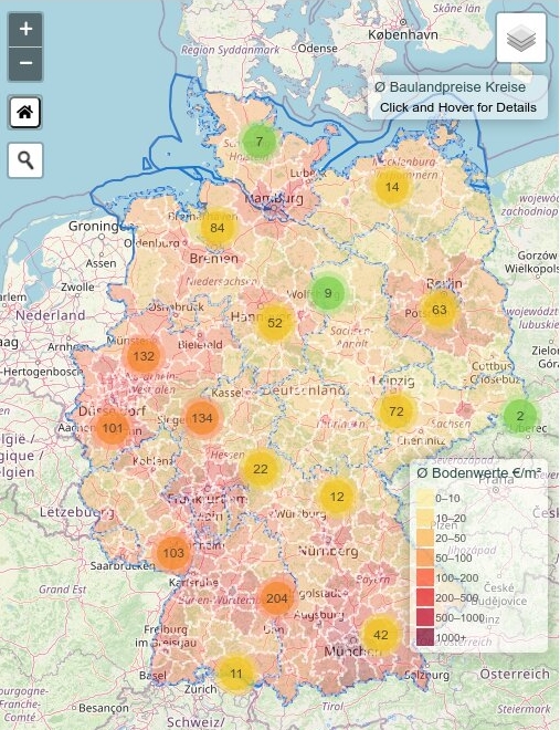 Karte Bodenwerte,Baulandpreise Deutschland 